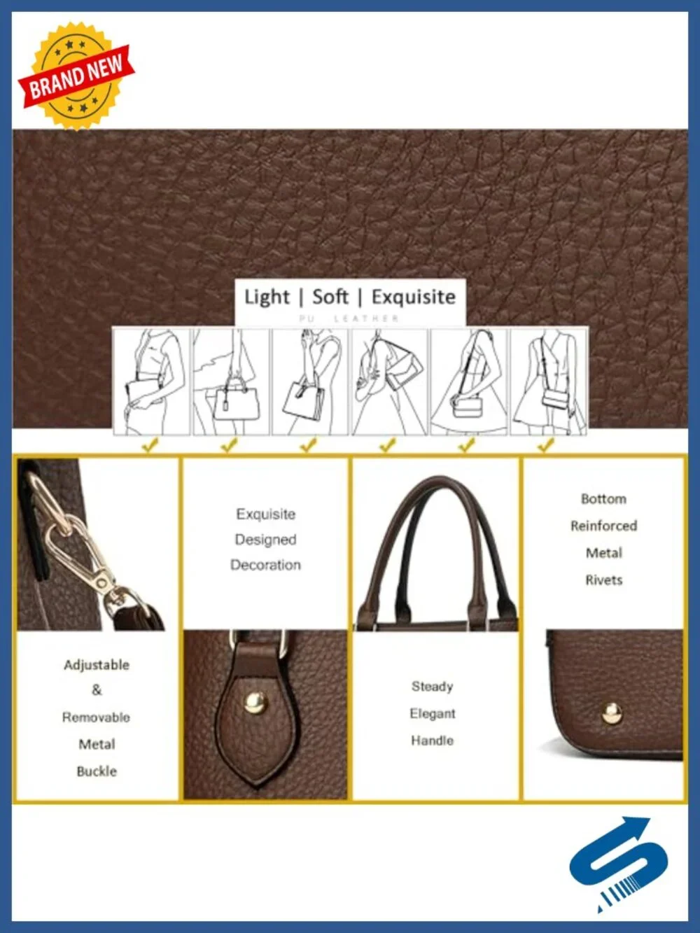 Leather Crossbody Tote Satchel Shoulder Bag Faux Leather with Gold Hardware